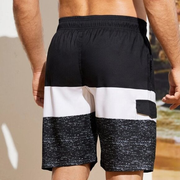 Black Vacation Style Men's Color Block Swim Trunks - Picture 2 of 5